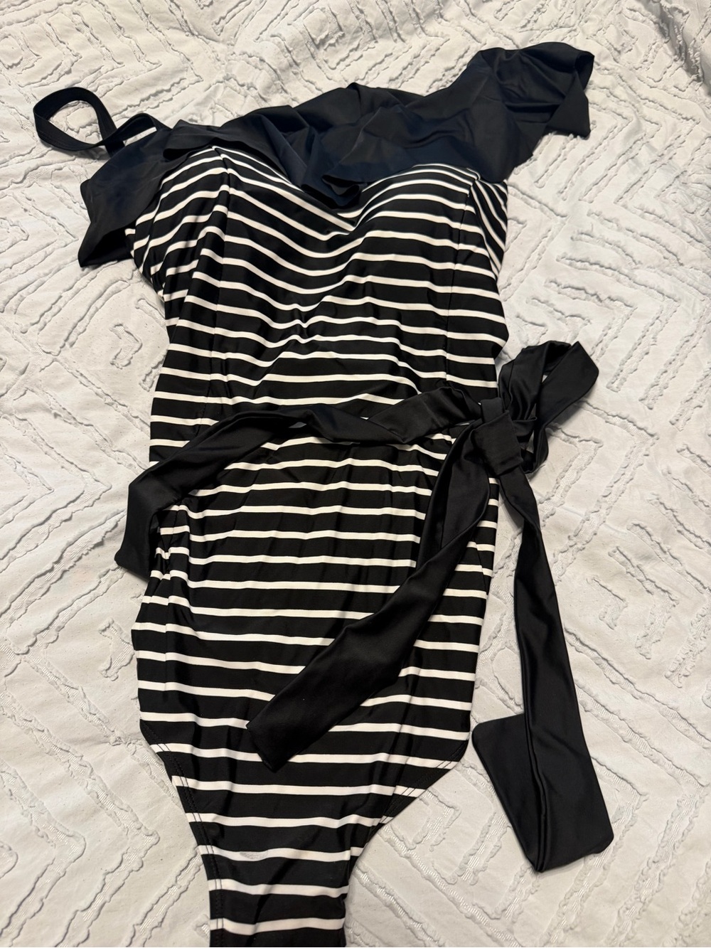 Retro Chic Black & White Striped One-Piece with Waist Tie - Picture 1 of 4